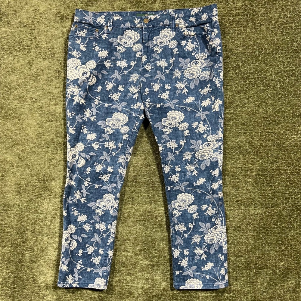 Lauren Ralph Lauren Jeans Women 16 Blue Floral Print Slim Fit Denim Pants